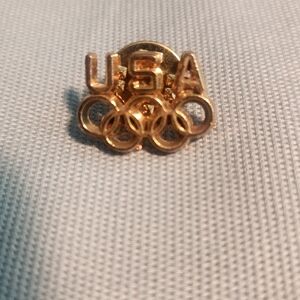Vintage U.S.A. Olympic Five Ring Logo Gold Tone Metal Hat Lapel Pin 1/2" Pinback